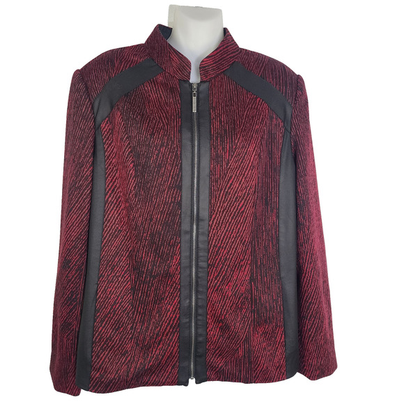 Susan Graver Jacket Medium Jacquard Knit Zip Front Faux Leather Trim Red A217954 - Picture 1 of 12